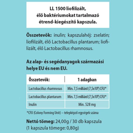 LL 1500 liofilizált élő baktériumokat tartalmazó étrend-kiegészítő kapszula (30 db)